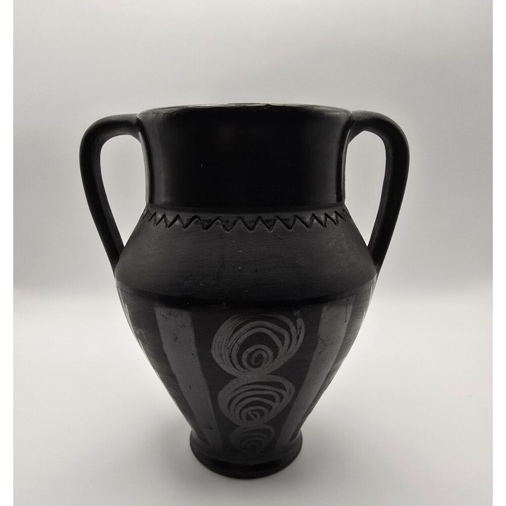 Vintage Handmade Romanian Marginea Folk Art Black Pottery Vase Matte 5" Signed